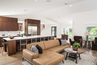 Inspiration for a contemporary open concept medium tone wood floor and brown floor living room remodel in Tampa with white walls, no fireplace and no tv