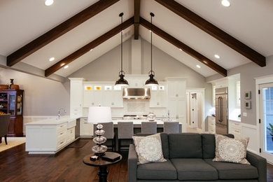 Living room - transitional open concept dark wood floor living room idea in Indianapolis with beige walls