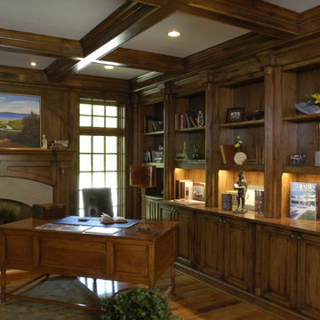 Knotty Alder Library with Built In Bookcases and Coffer Ceiling