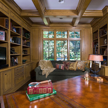 Knotty Alder Library with Built in Bookcases and Coffered Ceiling