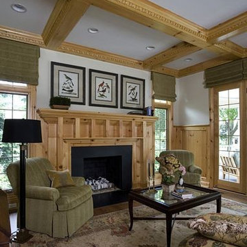 Knotty Pine Library with Coffer Ceiling and Wainscot Walls