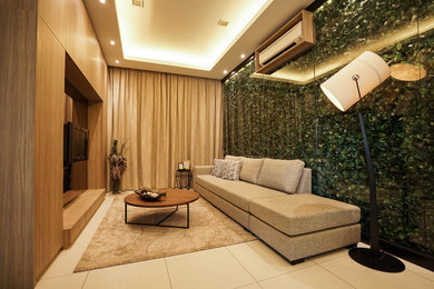Ejemplo de salón para visitas abierto nórdico grande sin chimenea con paredes beige, suelo de baldosas de porcelana y televisor colgado en la pared