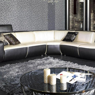 L Shape Sectional Sofa in Black and Shiny Beige Leather