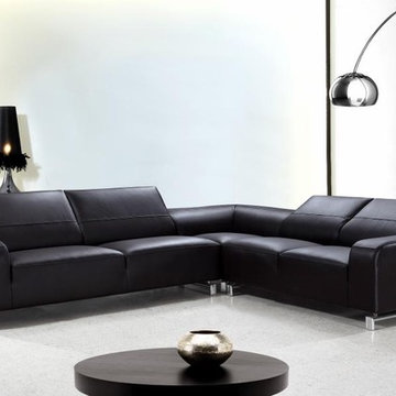 L-Shaped Black Leather Sectional Sofa with Adjustable Backrests