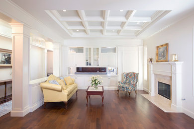 Example of a large classic formal and open concept dark wood floor living room design in San Diego with beige walls, a standard fireplace, a tile fireplace and a wall-mounted tv