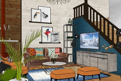 Imagen de salón abierto bohemio de tamaño medio con suelo de madera en tonos medios, estufa de leña, marco de chimenea de madera, televisor independiente y suelo marrón