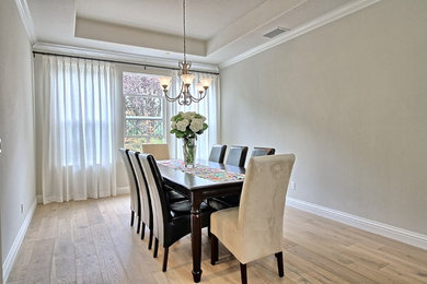 Dining room - mid-sized transitional light wood floor dining room idea in Orange County with white walls and no fireplace
