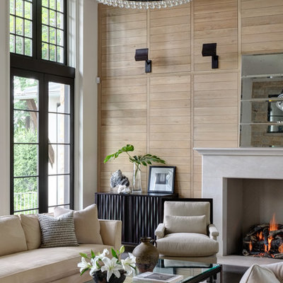 Inspiration for a timeless living room remodel in Milwaukee with white walls and a standard fireplace