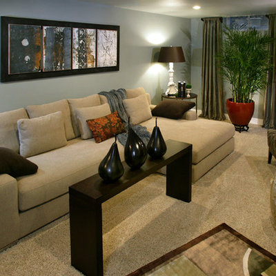 Trendy enclosed carpeted living room photo in Minneapolis with blue walls
