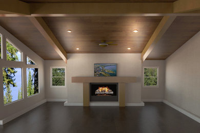 Inspiration for a mid-sized country formal and open concept dark wood floor and brown floor living room remodel in Other with beige walls, a standard fireplace, a wood fireplace surround and a media wall