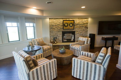 Example of a transitional dark wood floor living room design in Burlington with white walls