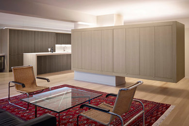 Foto de salón abierto minimalista de tamaño medio con paredes blancas, suelo de madera clara y televisor retractable