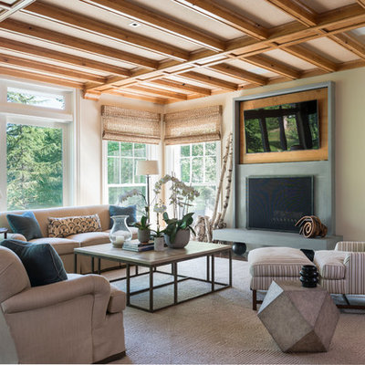 Living room - traditional formal dark wood floor living room idea in New York with beige walls, a standard fireplace and a wall-mounted tv