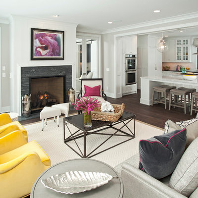 Transitional open concept living room photo in Minneapolis with white walls and no tv