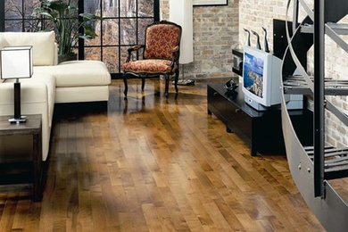 Imagen de salón tipo loft de tamaño medio con paredes marrones, suelo de madera en tonos medios y televisor independiente