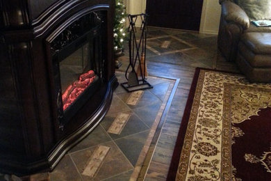 Mountain style formal ceramic tile living room photo in Phoenix with a standard fireplace, a wood fireplace surround and white walls