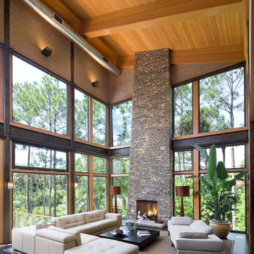 Large glass area focuses view to lagoon.