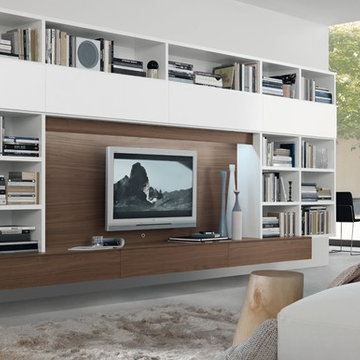 Large modern white living room with white bookcase entertainment center