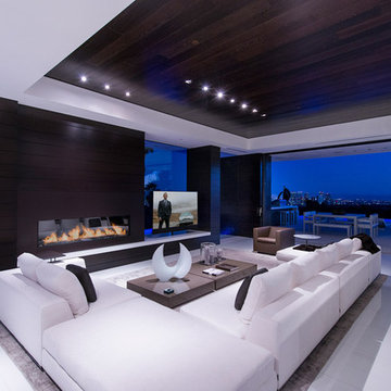 Laurel Way Beverly Hills luxury home modern living room with sliding glass walls