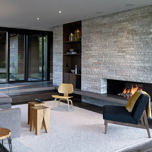 Esempio di un soggiorno design aperto con parquet scuro, camino lineare Ribbon, cornice del camino in pietra e pavimento marrone