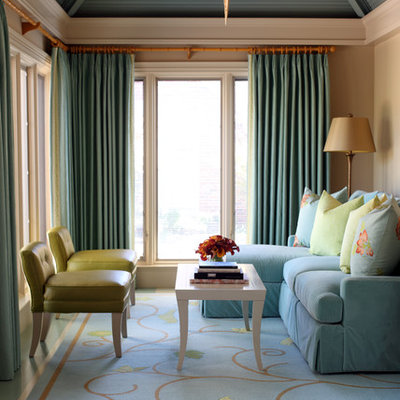 Example of a mid-sized eclectic enclosed painted wood floor and multicolored floor living room design in Little Rock with beige walls, no fireplace and no tv