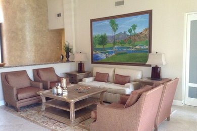 Mid-sized transitional open concept porcelain tile living room photo in Orange County with beige walls