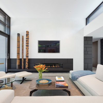 Living room - large contemporary open concept gray floor and light wood floor living room idea in New York with white walls, a ribbon fireplace, a stone fireplace and a media wall