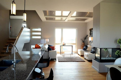 Esempio di un soggiorno minimalista di medie dimensioni e aperto con pareti grigie, parquet chiaro, camino bifacciale e cornice del camino in intonaco