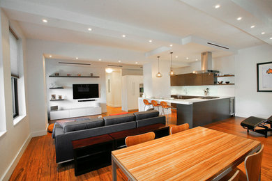 Inspiration for a contemporary light wood floor living room remodel in New York with white walls and a wall-mounted tv