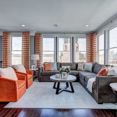 Living room - large transitional formal and loft-style dark wood floor and brown floor living room idea in DC Metro with gray walls, no fireplace and no tv