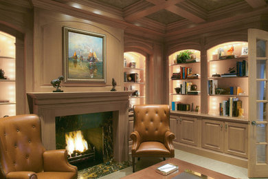 Large tuscan enclosed carpeted living room library photo in Chicago with a standard fireplace, a wood fireplace surround and no tv