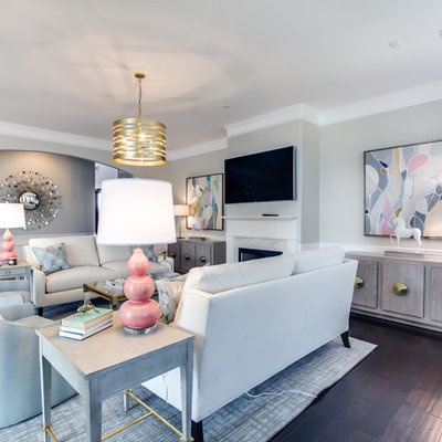 Large transitional formal and open concept dark wood floor and brown floor living room photo in Other with gray walls, a standard fireplace, a wall-mounted tv and a tile fireplace