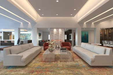 Großes, Offenes Modernes Wohnzimmer mit weißer Wandfarbe, Porzellan-Bodenfliesen und TV-Wand in Miami