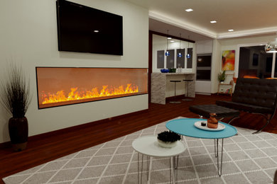 Mid-sized minimalist open concept medium tone wood floor and brown floor living room photo with white walls, a corner fireplace and a wall-mounted tv