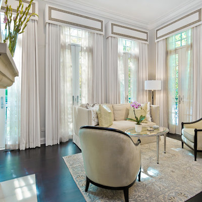 Example of a mid-sized transitional formal and open concept dark wood floor living room design in Chicago with gray walls, no tv and a ribbon fireplace