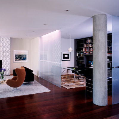 Living room - modern living room idea in Chicago with white walls and a standard fireplace