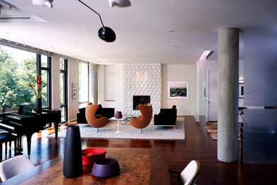 Inspiration for a modern living room in Chicago with a music area and a standard fireplace.