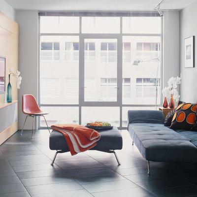 Living room - small contemporary open concept and formal living room idea in Los Angeles with gray walls and a wall-mounted tv