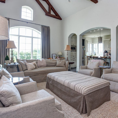 Living room - large farmhouse formal and open concept concrete floor and gray floor living room idea in Little Rock with white walls, no tv, a standard fireplace and a stone fireplace