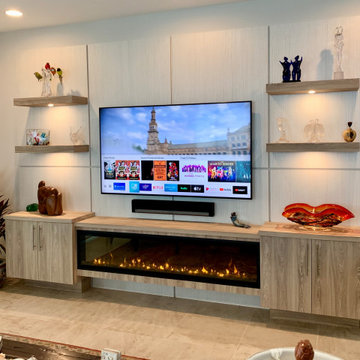 Living area media unit with fireplace