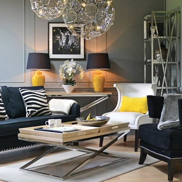 Living area with feature zebra print and yellow highlights