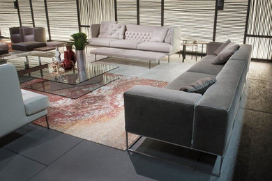 Cette image montre un grand salon design ouvert avec une salle de réception, un sol en ardoise et un sol gris.