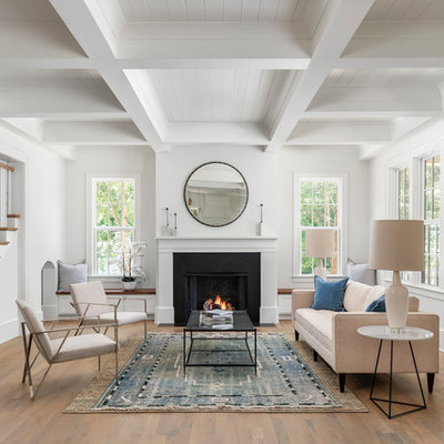 Large transitional open concept and formal light wood floor living room photo in Charlotte with white walls, a standard fireplace and no tv