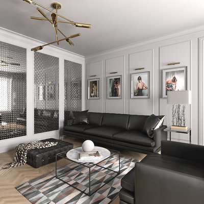 Small danish formal and enclosed light wood floor living room photo in Other with white walls and no tv