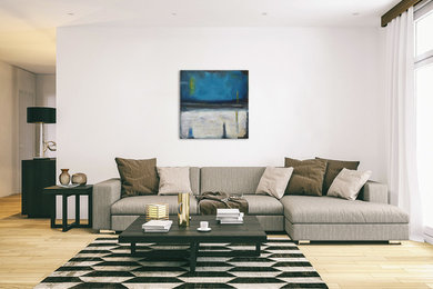 Medium sized contemporary living room in London with a music area, white walls, light hardwood flooring and beige floors.