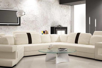 Marble floor living room photo in Orlando with gray walls and a wall-mounted tv