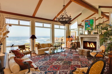 Example of a mid-sized eclectic formal and enclosed light wood floor and beige floor living room design in Other with beige walls, a standard fireplace, a concrete fireplace and no tv