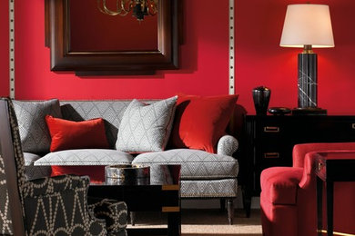 Inspiration for a bohemian open plan living room in Boston with red walls and carpet.