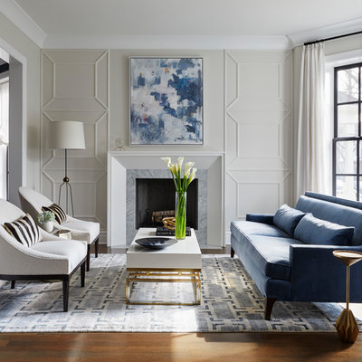 Inspiration for a mid-sized transitional formal dark wood floor living room remodel in Chicago with a stone fireplace, gray walls and a standard fireplace