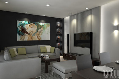 Diseño de salón cerrado contemporáneo pequeño sin chimenea con paredes grises, suelo de madera clara y televisor colgado en la pared